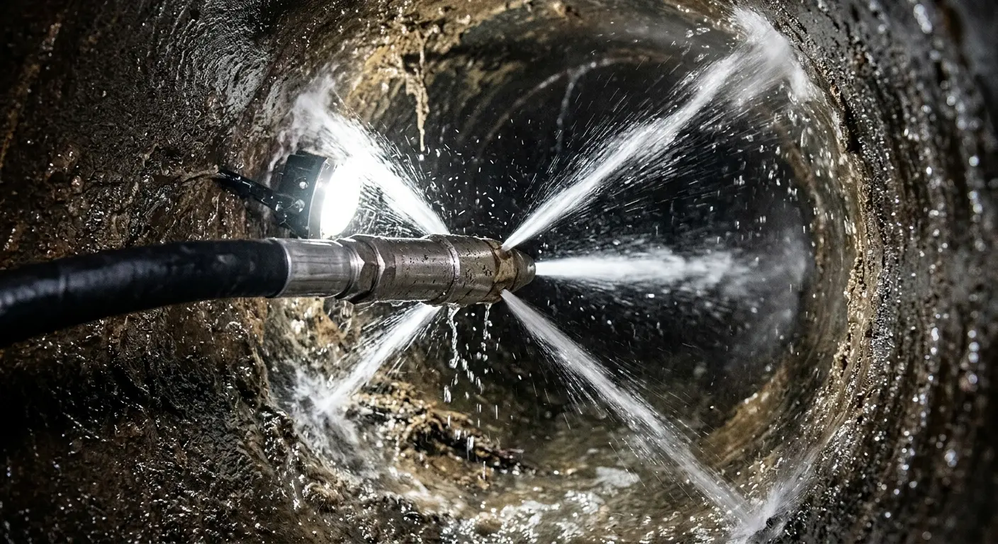 High-pressure hydro jetting nozzle cleaning sewer pipe for Sewer Cleanout in Rendon