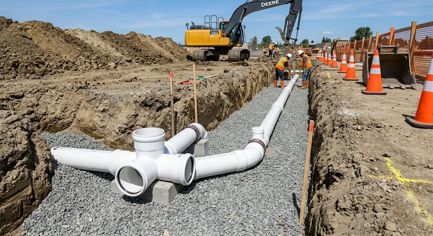New PVC sewer pipe installation in open trench for Sewer Backup in Rendon