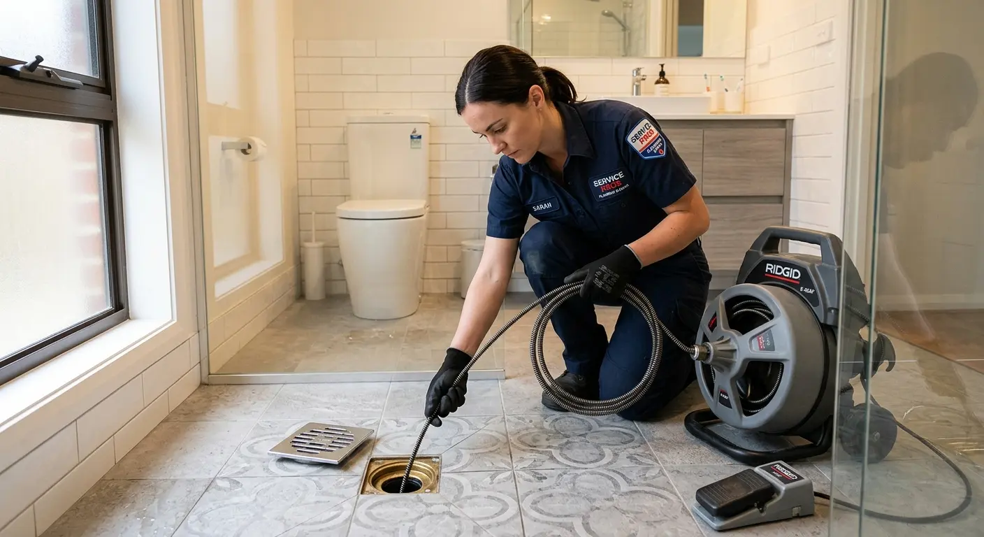 Technician clearing a bathroom floor drain for Drain Cleaning in Rendon